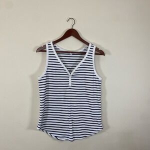 Tribal Jeans navy and white striped Henley cotton nautical tank top womens large